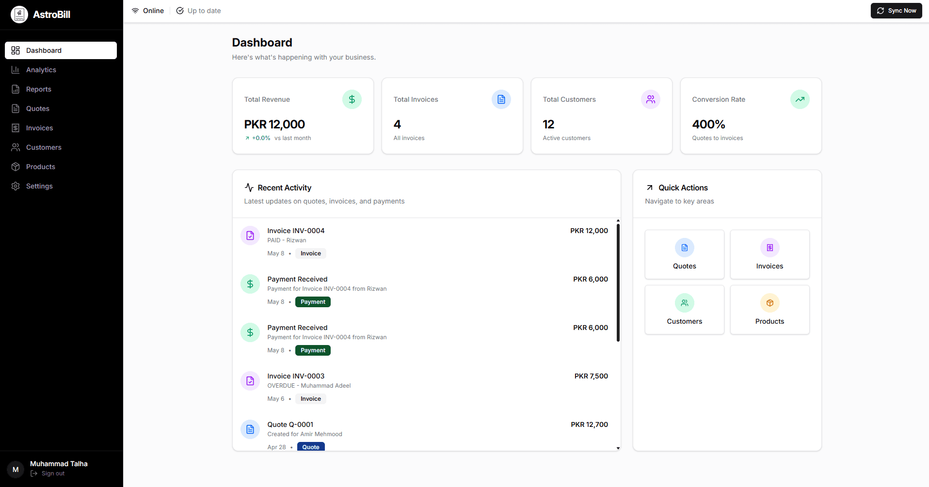 AstroBill desktop invoice and billing dashboard