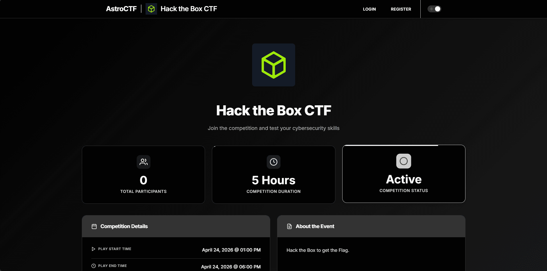 AstroCTF competition dashboard for Hack the Box CTF