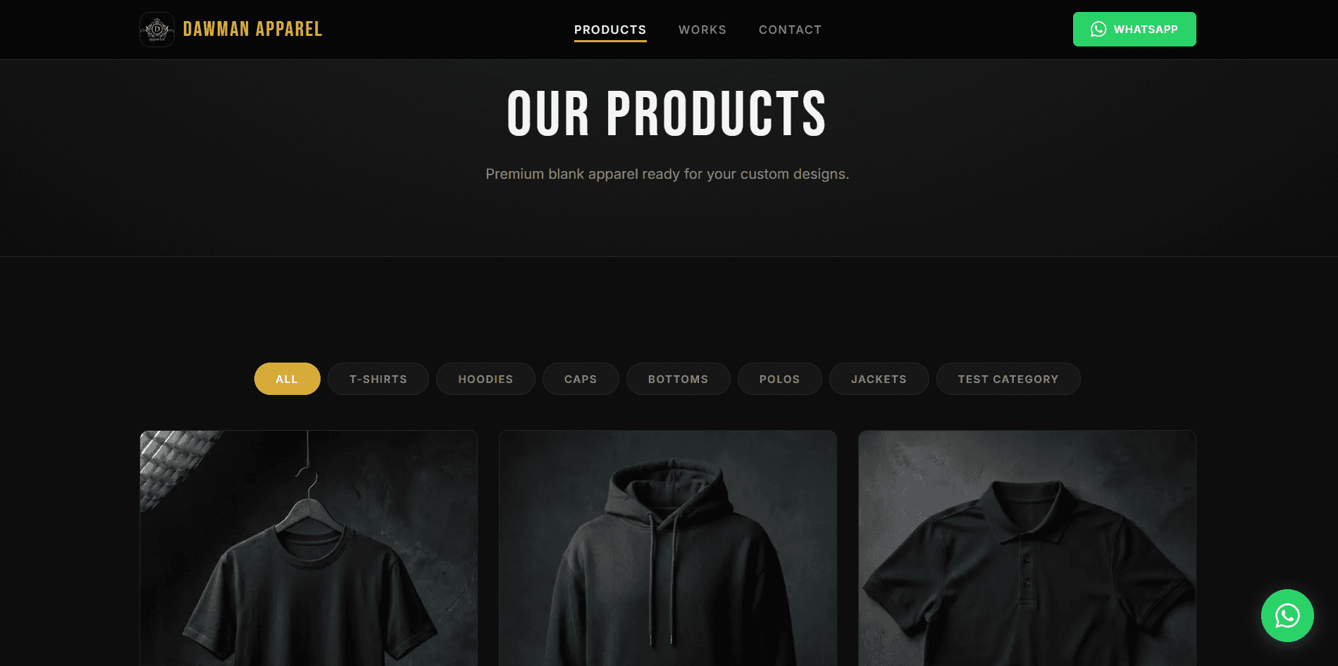 Dawman Apparel products page storefront