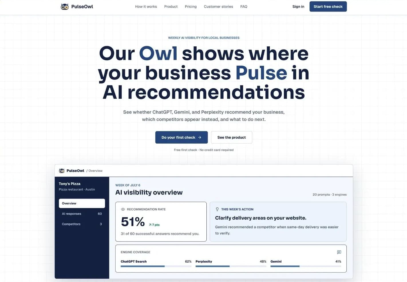 PulseOwl landing page for AI visibility tracking